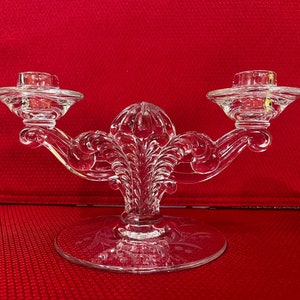 Candlestick Holders, Cynthia Cut Crystal by Fostoria, Double Light, Etched Floral Design on the Base, Matching Pair of Candleholders