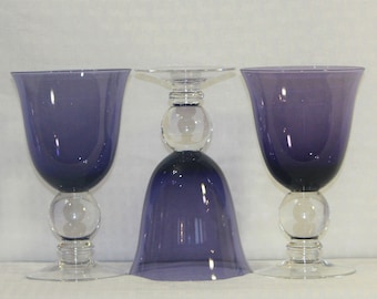 Flared Purple Wine Glasses with Clear Stems, Huge Ball Knop Stem, Vintage Glasses, Set of 3