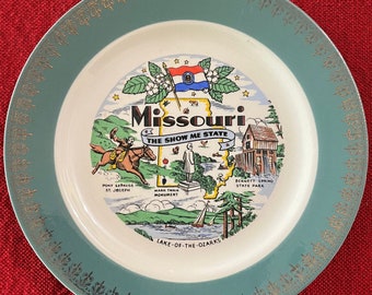 Missouri State Souvenir Teller von Homer Laughlin, Show Me State, Lake of the Ozarks, Pony Express, Mark Twain, Bennett Spring, Made in USA
