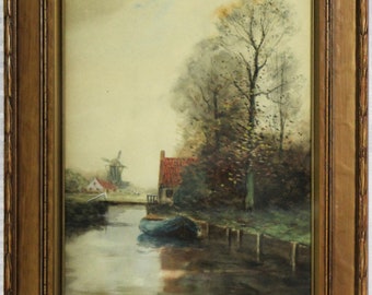 Antique Landscape Watercolor Painting, George L. Herdle, American 1868-1922, Dutch Landscape, Well Listed Artist, Rochester New York