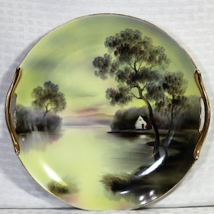 Antique Plate with Gold Handles, Hand Painted Country Scene, Nippon Style, Morimura Bros, Made in Japan, 1920s