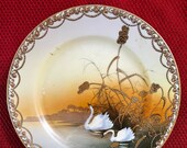 Antique Nippon Salad Plate 7.75 Wide, Hand Painted Landscape with White Swans, Gold Moriage, Morimura Nippon Mark, Meiji Period