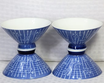 Japanese Rice Bowls, Blue and White Bamboo Design, Set of 4 Vintage Porcelain Bowls