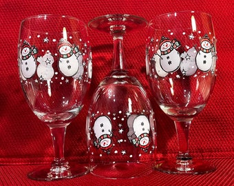 Libbey Snowman Water Goblets or Iced Tea Glasses, Christmas Tumblers, Snowflakes and Stars, Set of 8