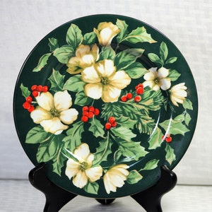 Splendor Salad Plate by Sakura, Green Stoneware Plate with Hibiscus Flowers and Holly, Gold Trim, Christmas Decor, Set of 4