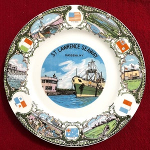 St Lawrence Seaway Souvenir Plate, Massena, New York, Hand Painted, Snell Lock, Barnhart Island, Eisenhower Lock Tunnel, Long Sault Dam RARE