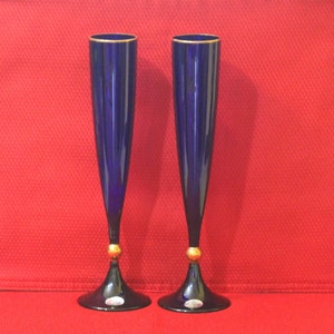 Rogaska Crystal Champagne Flutes 11" Tall, Cobalt Blue Glasses with Gold Trim and Gold Knops, Original Labels, Made in Slovenia, Set of 2