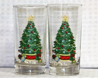 Vintage Christmas Tree Glasses, Holiday Drinkware, Set of 5