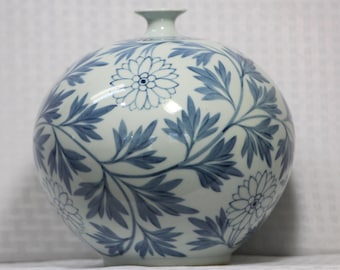 Vintage Korean Hand Thrown Narrow Neck Vase with Hand Painted Chrysanthemum Flowers and Leaves, Signed by the Potter