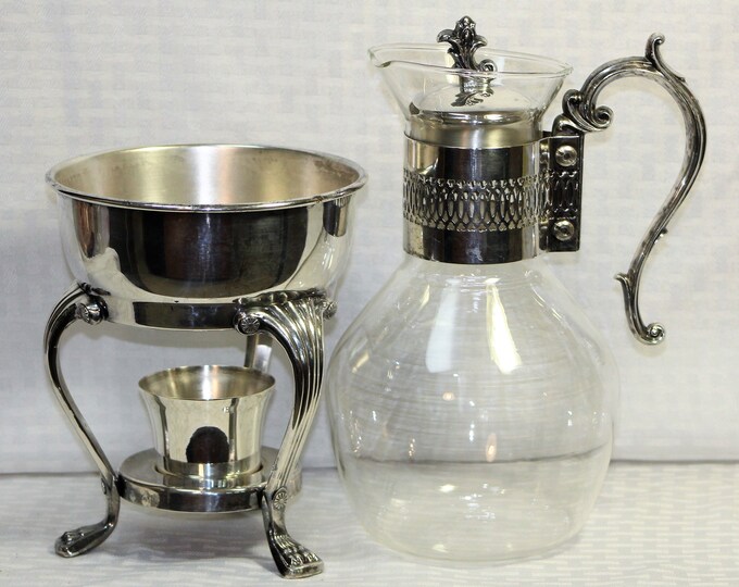 RARE Vintage Silver & Glass Coffee Carafe, Silver Plated Warming Stand and Candle Holder, F B