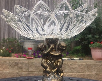 Hollywood Regency Cut Glass Pedestal Bowl with Brass Cherubs or Putti, Vintage Collectible Glass Bowl