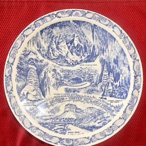 RARE Vernon Kilns, Carlsbad Caverns Blue Souvenir Plate, White&#39;s City, New Mexico, Made in USA, Blue and White Vintage Collectible Plate