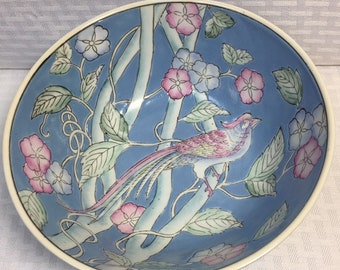 Hand Painted Vintage Chinese Porcelain Bowl, WBI, with Birds Of Paradise, Pink and Blue Flowers, Oriental Decor with Pastel Colors, 1950s