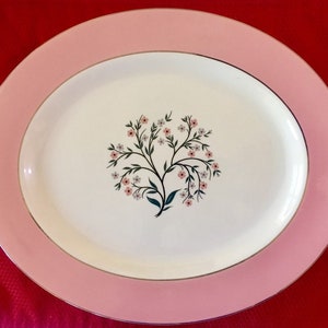 RARE Homer Laughlin Eggshell Cavalier, Large Oval Serving Platter 13.5", Pink Line, Floral Center with Platinum Trim, Made in USA