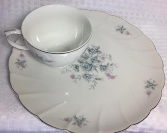 Snack Plate and Cup Set, Bryce by Laurel China, Japan, Floral Design with Platinum Trim, Set of 7 (14 Pieces)