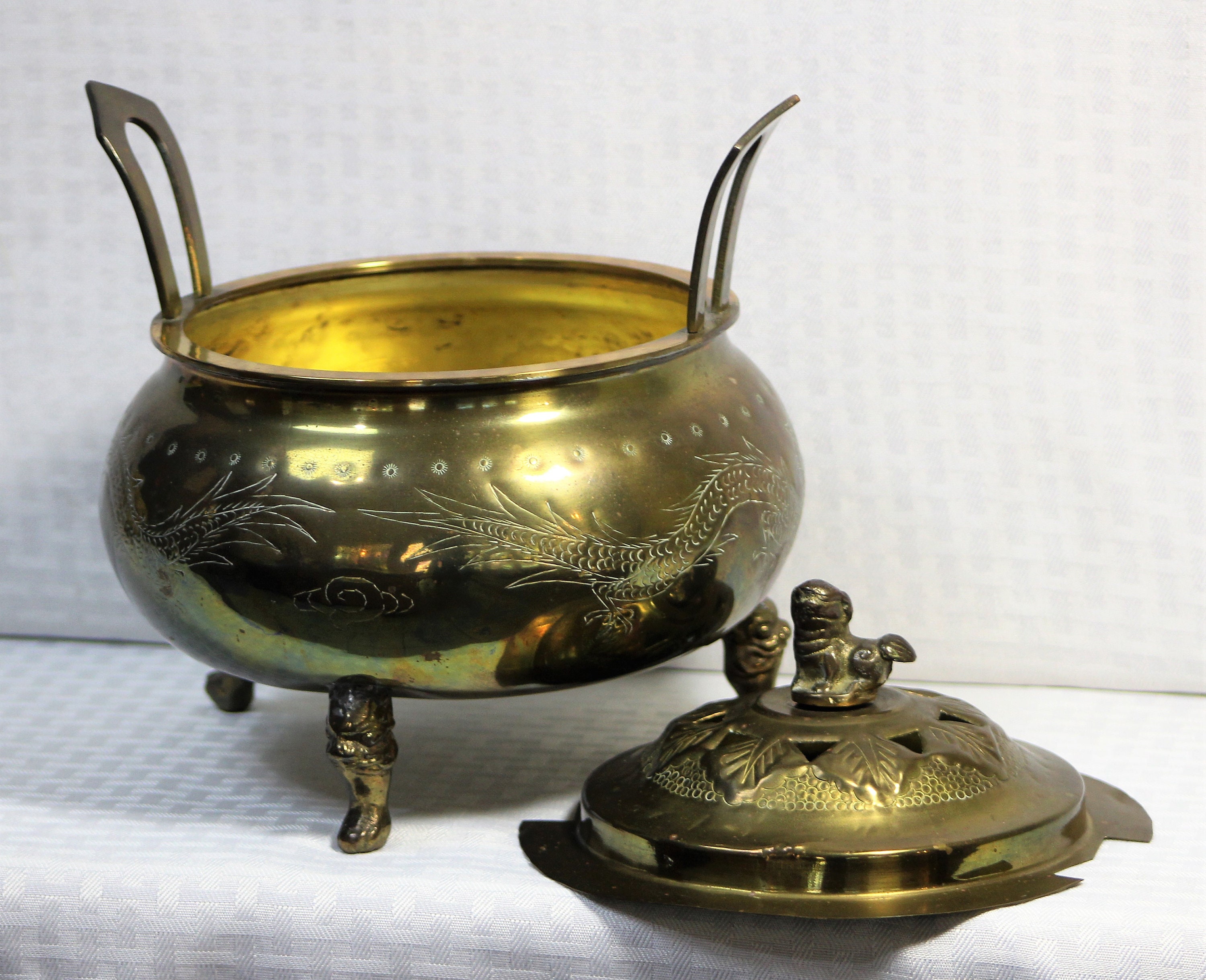 【楽ギフ_のし宛書】 or Burner Incense Brass Chinese Vintage Censor, Feet Dog Foo 屋外装飾