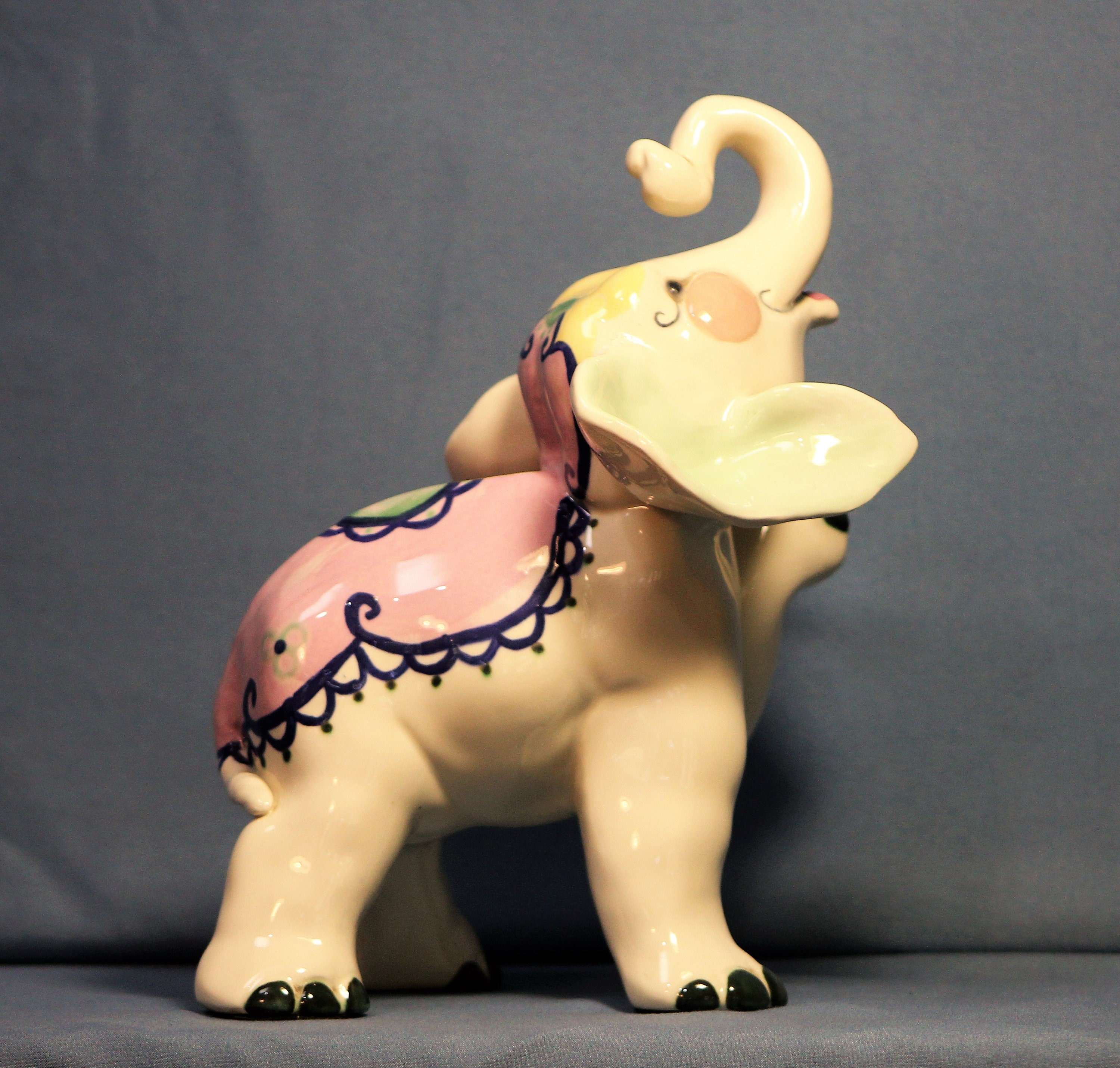 Heavy Ceramic Elephant Statue Hand Painted Trunk Up Etsy