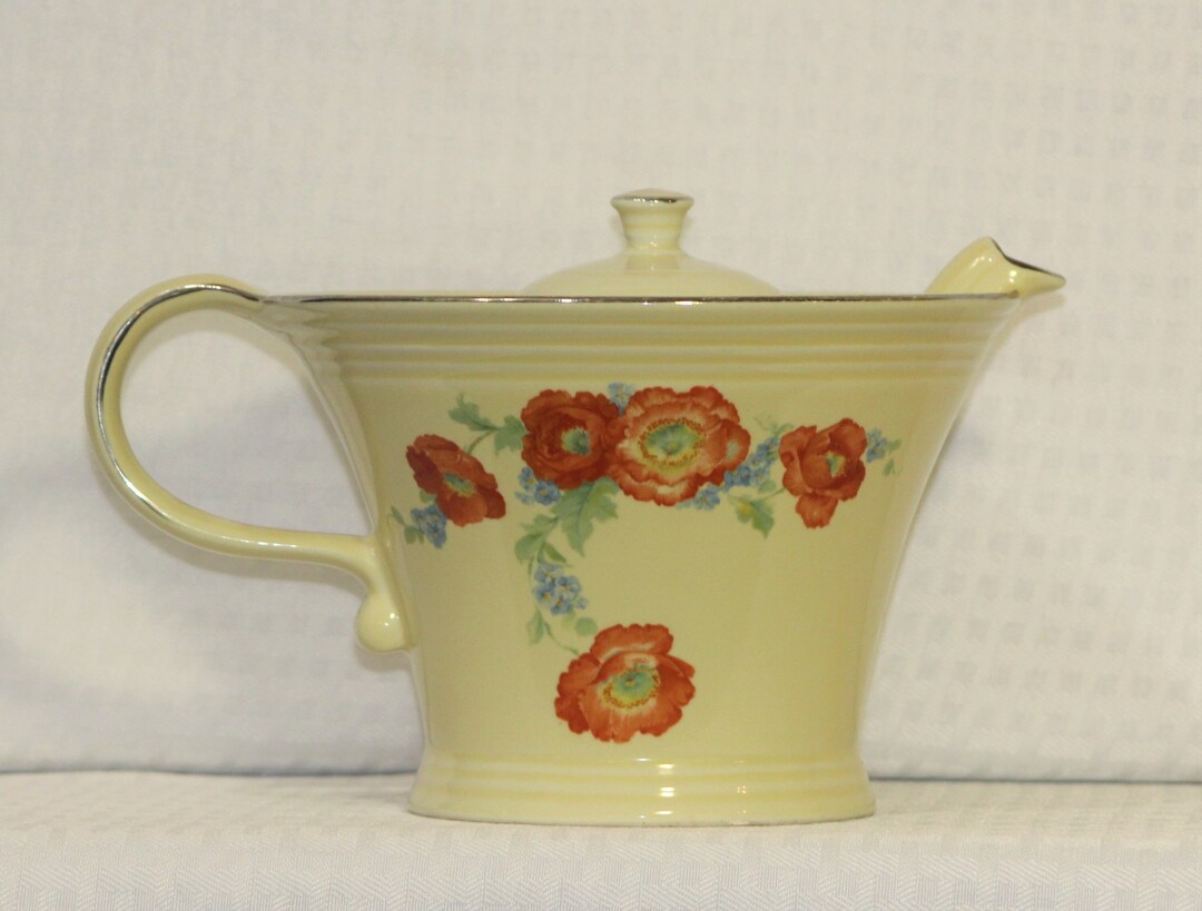 Hall's China Melody Teapot, Orange Poppy Flowers, Superior Quality Kitchenware, Platinum Trim