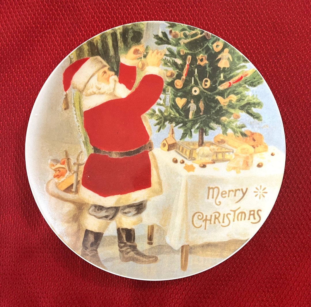 Merry Christmas Dessert Plates Santa Claus Decorating a Etsy