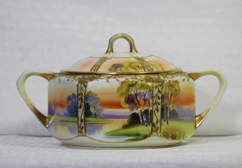 Antique Nippon Lidded Hexagonal Container 8.5” Wide, Hand Painted