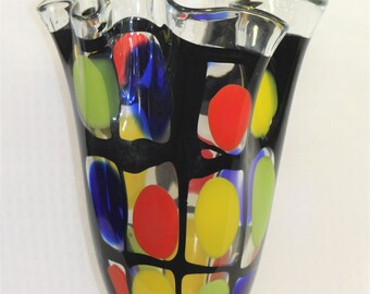 Mihai Topescu Hand Blown Colorful Ruffled Vase, Art Glass, Made in