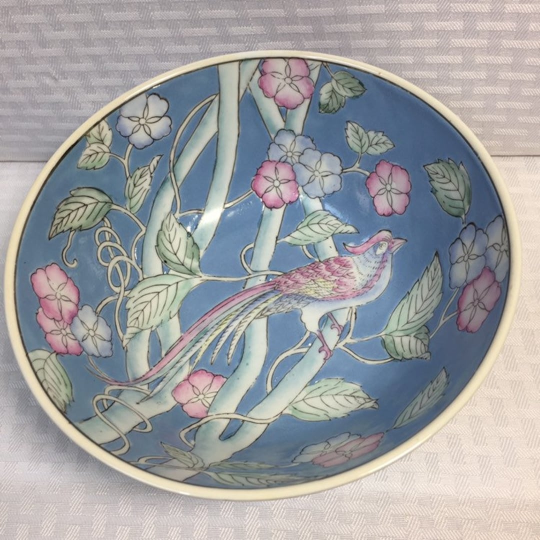 Hand-painted Birds of Paradise Porcelain Bowl, 1950s Oriental