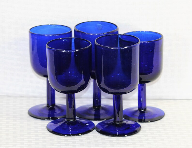 Hand Blown Cobalt Blue Stemmed Wine Goblets Rustic Decor Etsy