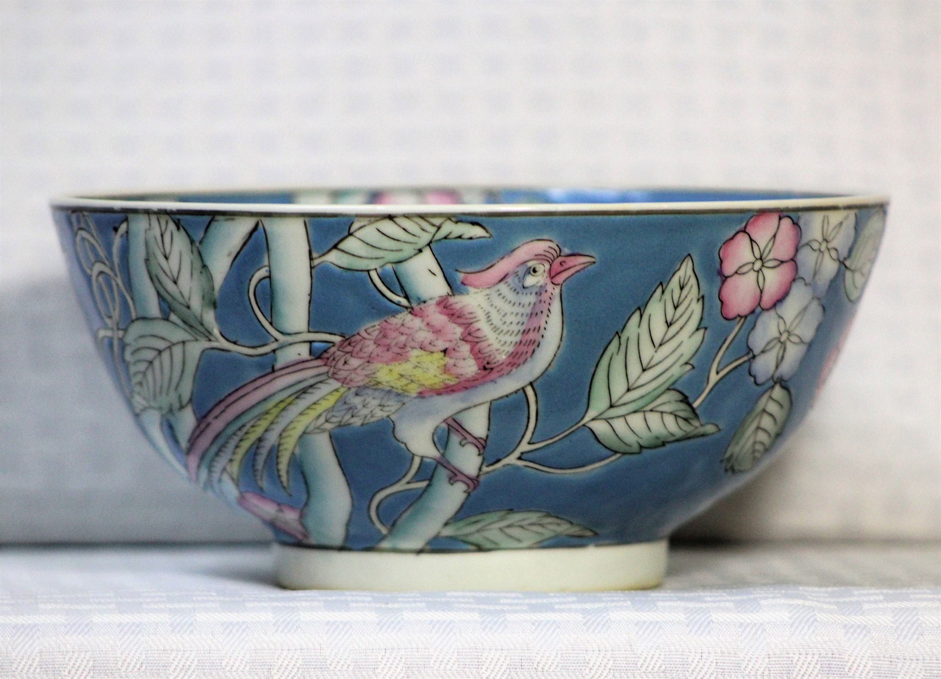 Hand-painted Birds of Paradise Porcelain Bowl, 1950s Oriental