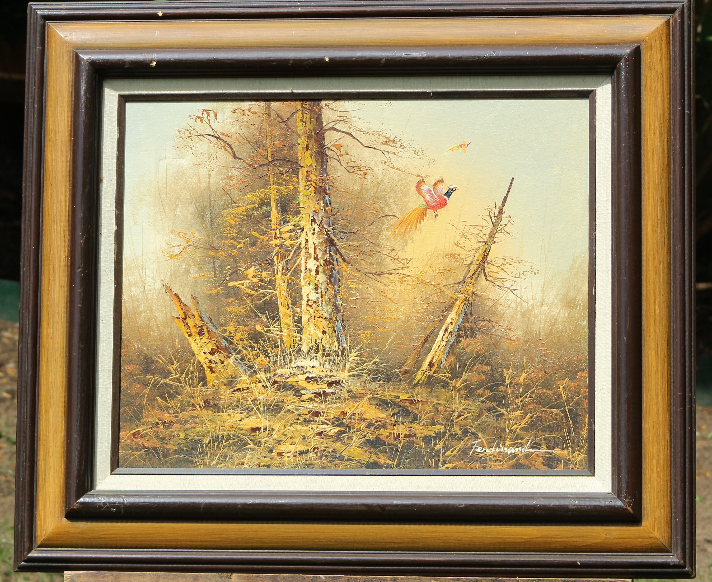 Original Oil Painting by Ferdinand, Golden Pheasants in the Woods