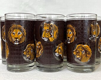 Vasos altos Libbey, Animales salvajes, Artista M. Dia, Artículos de bar de la década de 1960, Juego de 7