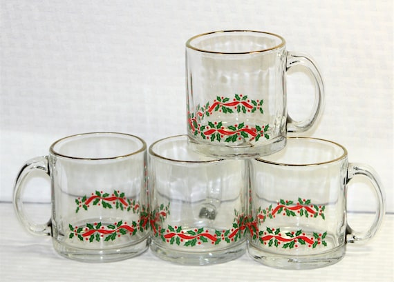 Clear Glass Holly Berry Mugs 12oz by Libbey, Christmas Coffee Mugs