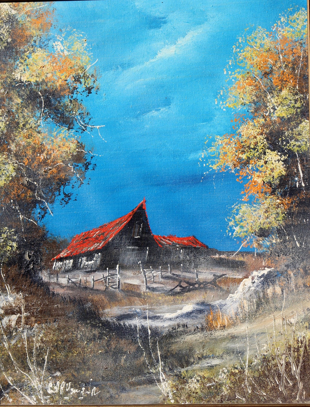 Cecil R Young Jr, Original Oil Painting, Abandoned Farmhouse With Red Roof, Western Naturalist