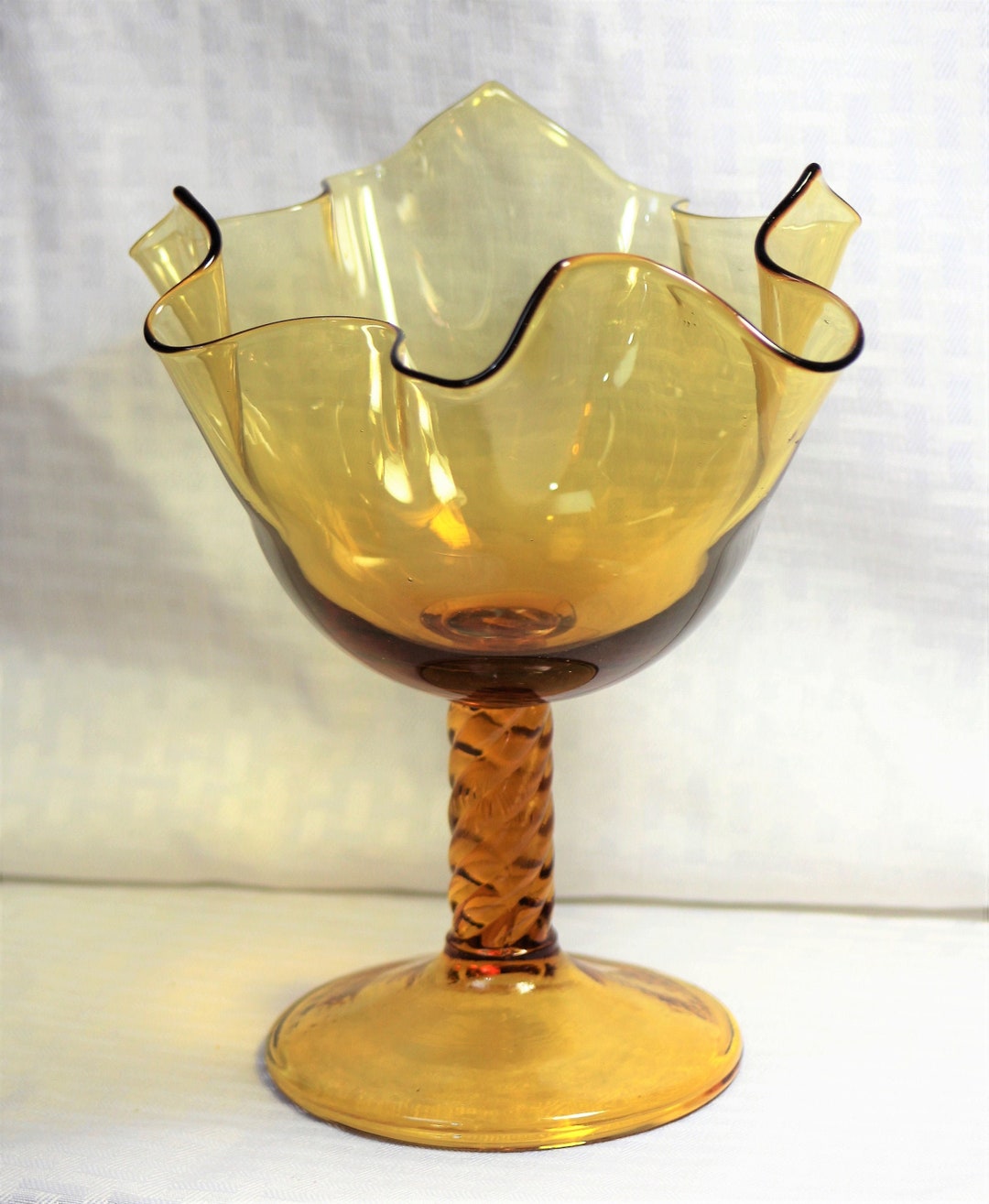 Hand Blown Amber Glass Pedestal Bowl, Twisted Stem and Ruffled Edge