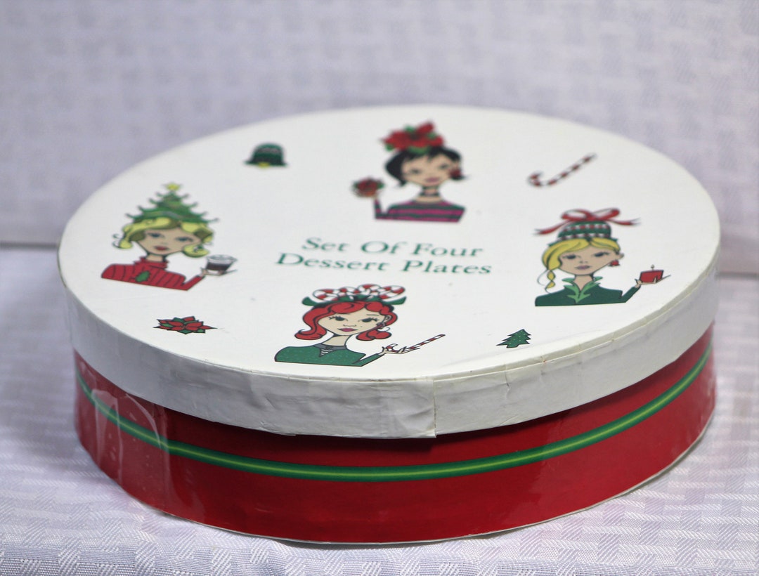Vintage Christmas Dessert Plates, Set of Four, Female in the Center, Christmas Trees, Candy