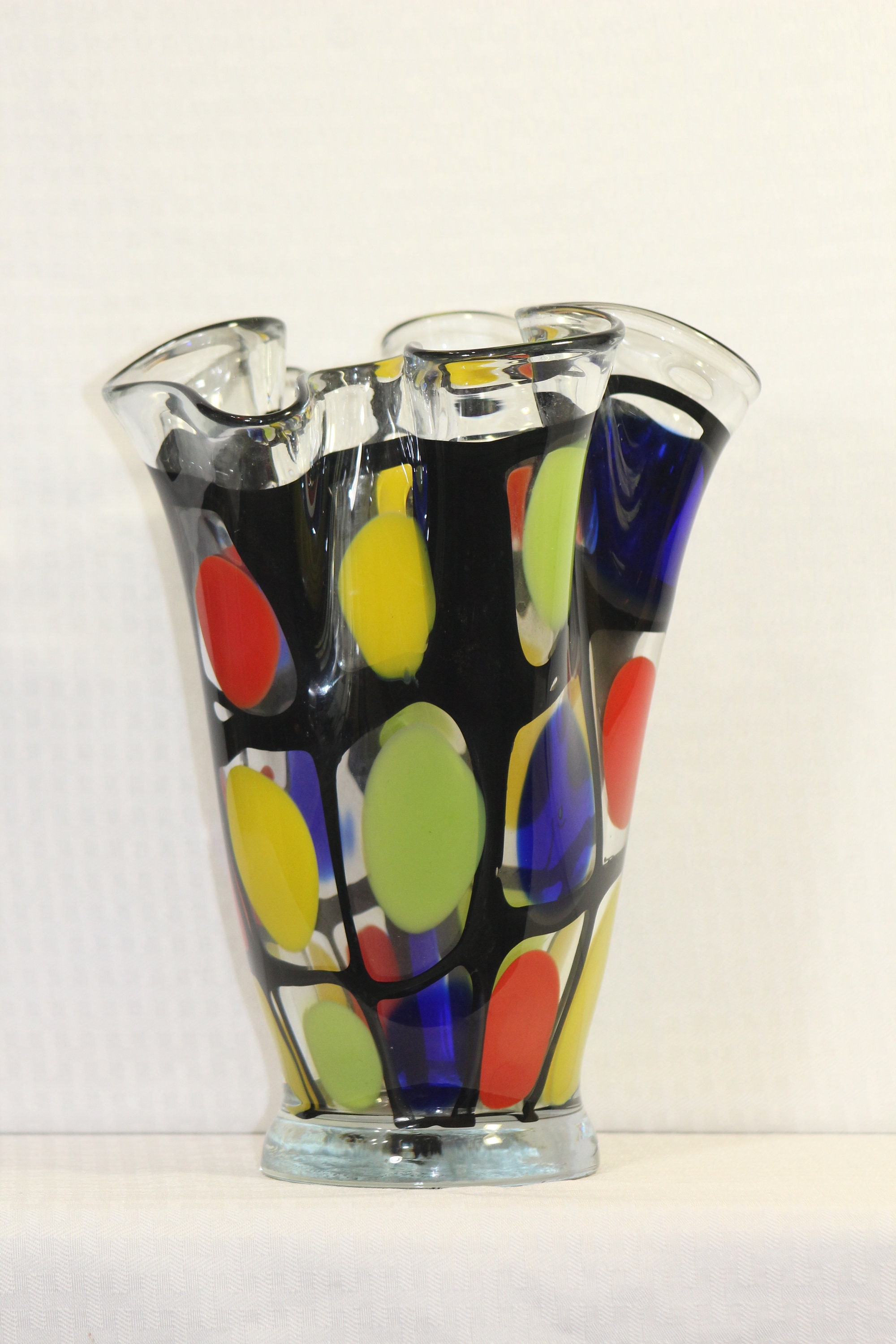Mihai Topescu Hand Blown Colorful Ruffled Vase, Art Glass, Made in