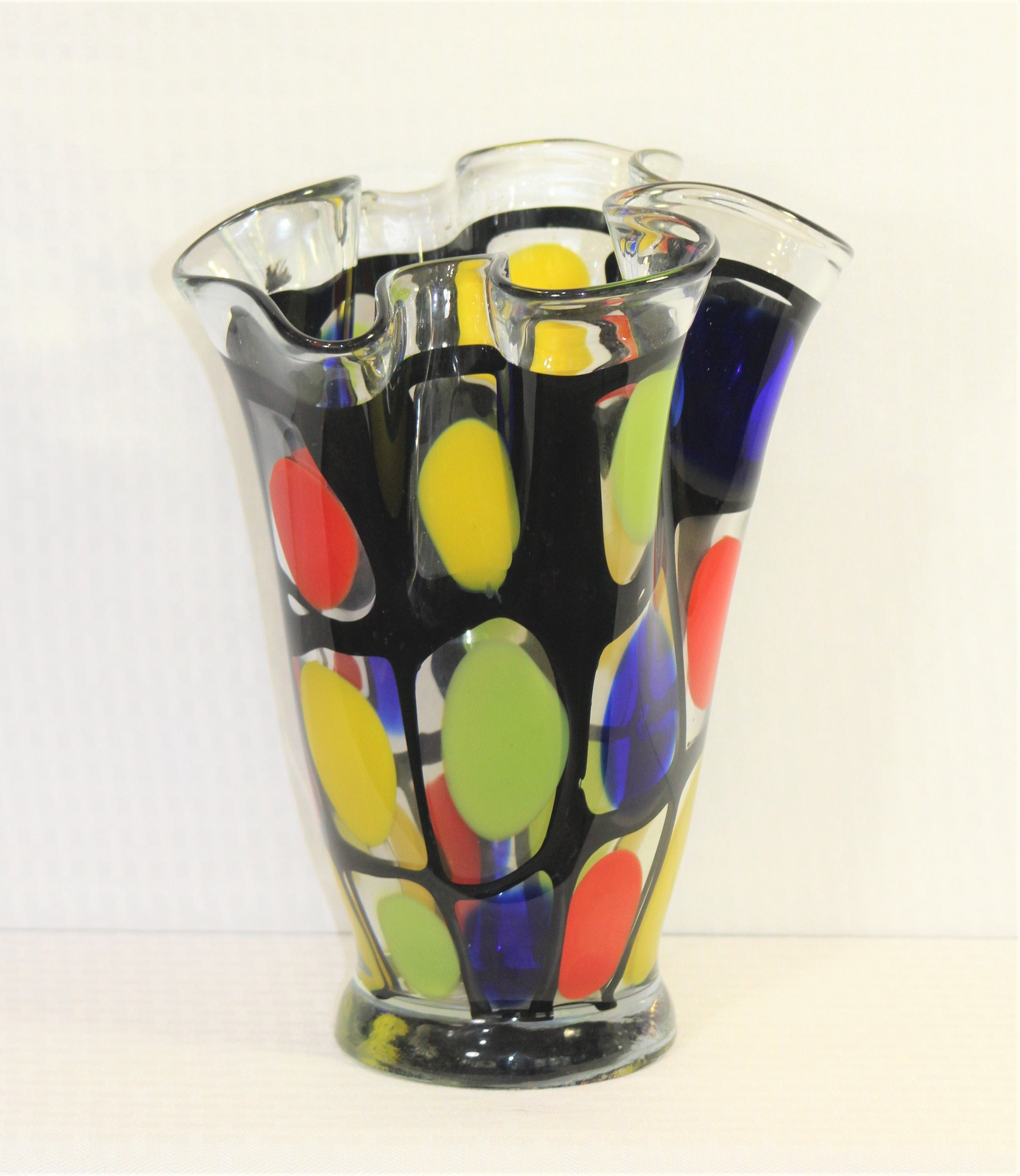 Mihai Topescu アートガラス花瓶 Mihai Topescu Hand Blown Colorful Ruffled Vase, Art Glass, Made in