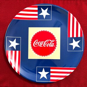 RARE Coca-Cola Melamine Dinner Plates 2000, with Four American Flags and Coke Bottle Top Logo in the Center, Produced by Gibson, Set of 4