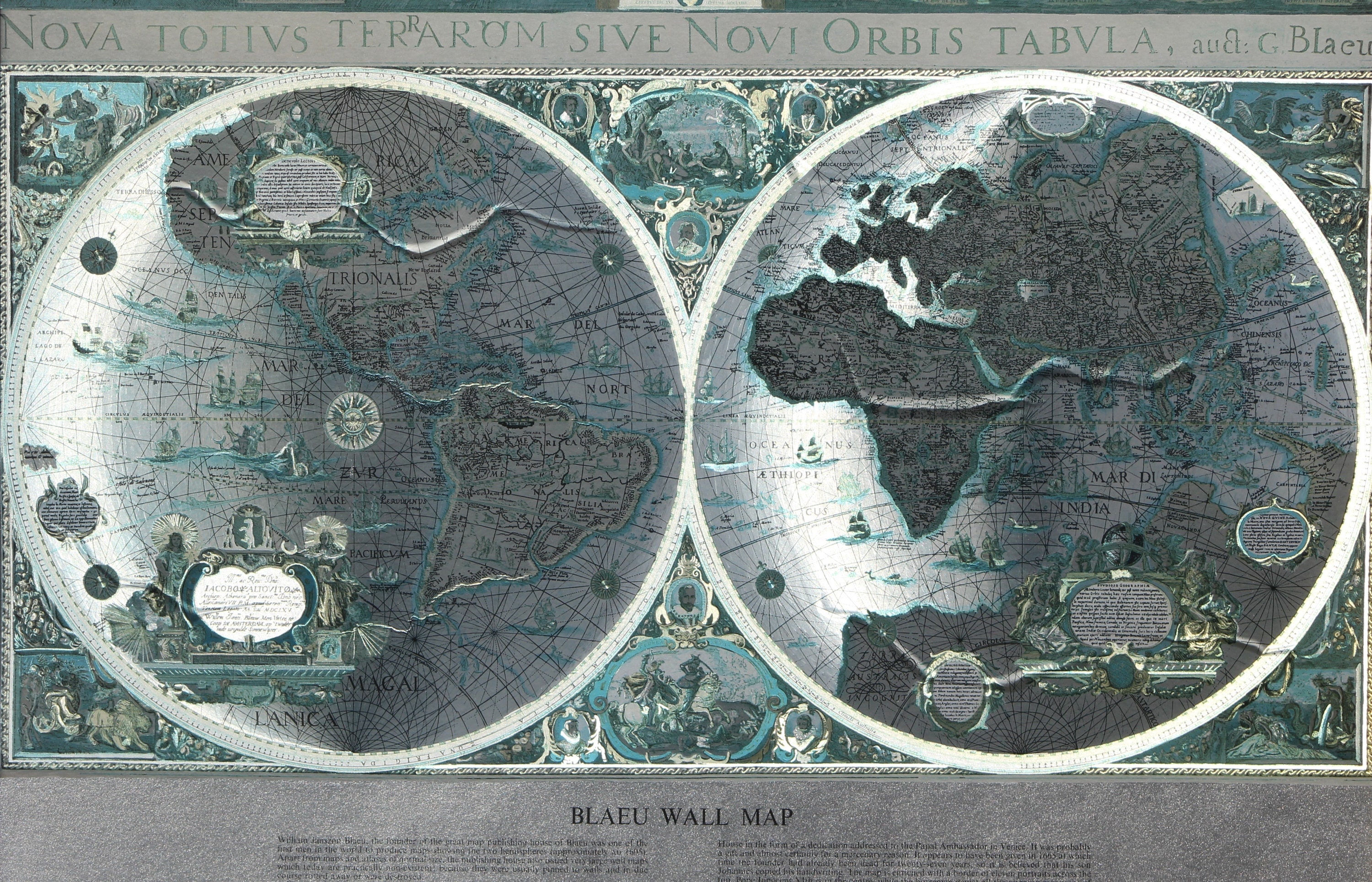 Vintage Framed Colored Foil Blaeu Wall Map of the Old and Vintage Framed Colored Foil Blaeu Wall Map of the Old and