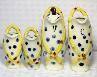 RARE Hand Made Salt and Pepper Set, Oil and Vinegar Set, Ceramic Cruet Sets, Hand Painted, Made in Japan