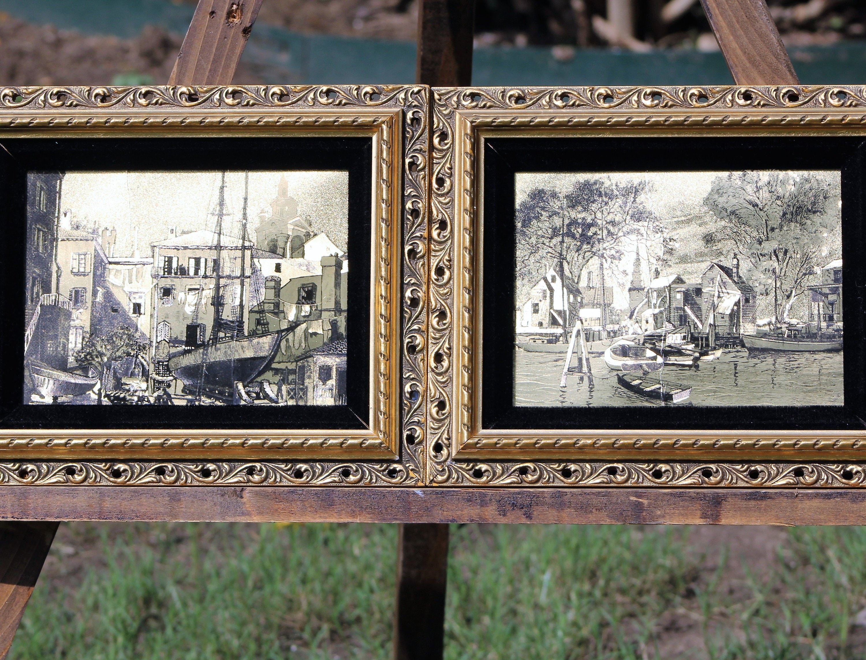 Lionel Barrymore, 3 Framed Gold Foil Prints, Seaside and Sailboat, Optical Illusionary Art by Well-known Actor and Artist 1960s