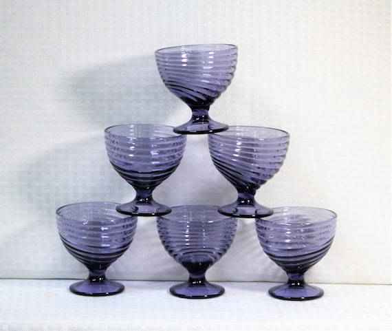 Arcoroc France, Purple or Amethyst Dessert Glasses with Swirl Design, Set of 6