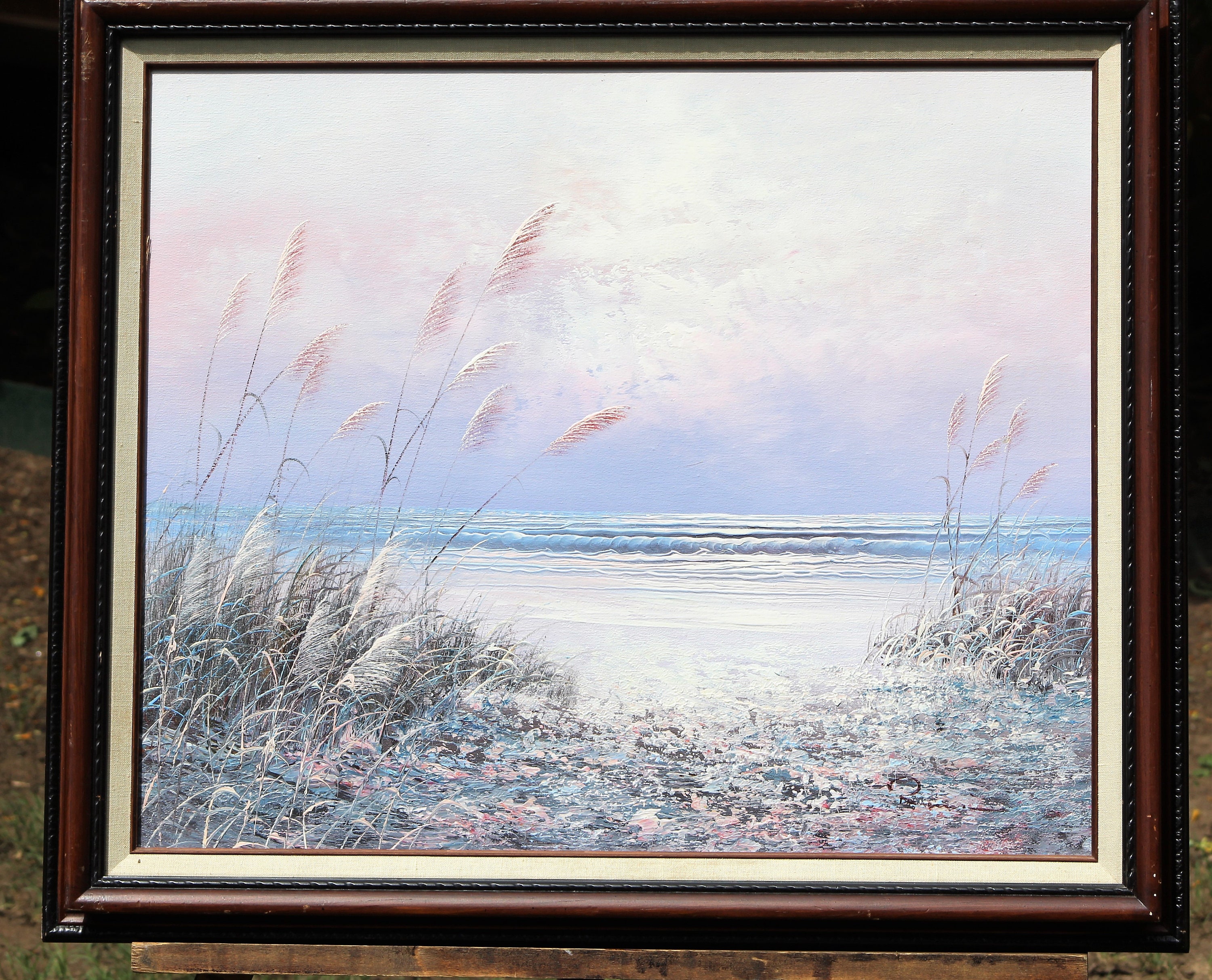 Framed Seascape, Original Oil painting, Tranquil Beach Scene with Reeds in the Foreground, Signed