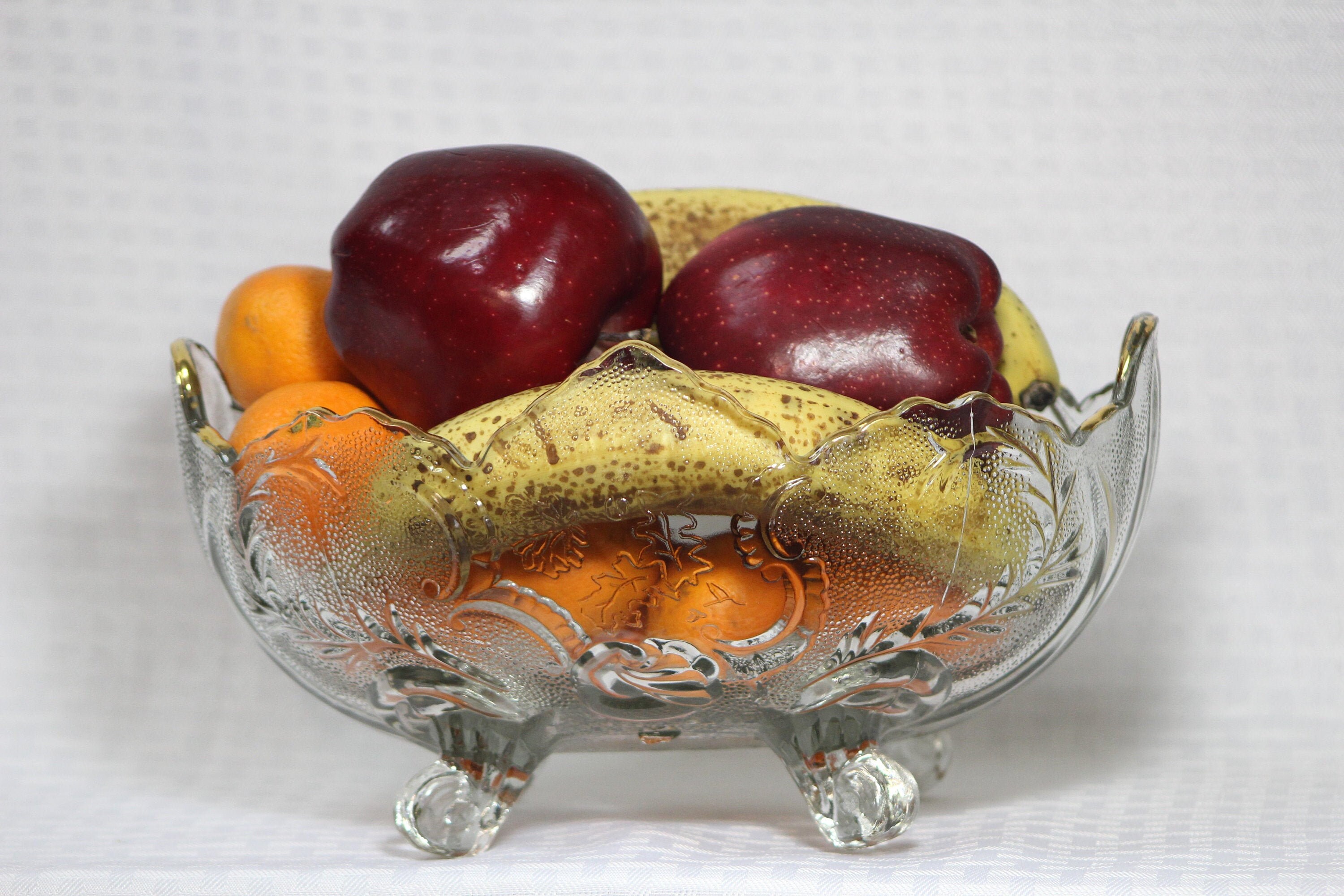 Oval Pressed Glass Bowl with Floral Design, Gold Trim, Footed Glass Petal Bowl, Petal Edge Vintage Glass, Collectible Glass