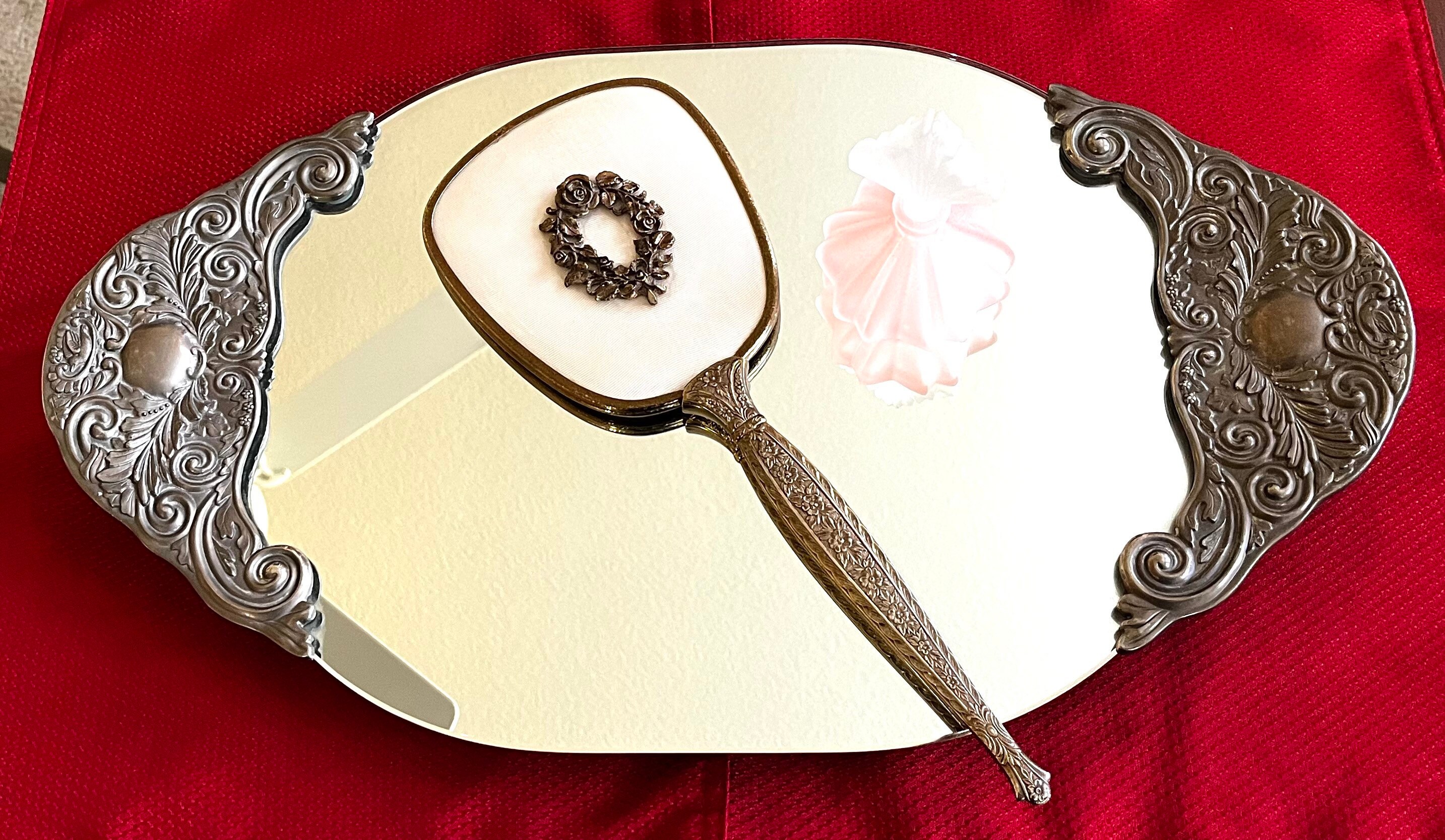 Handheld Mirror by Matson, Art Nouveau With Roses and Gold