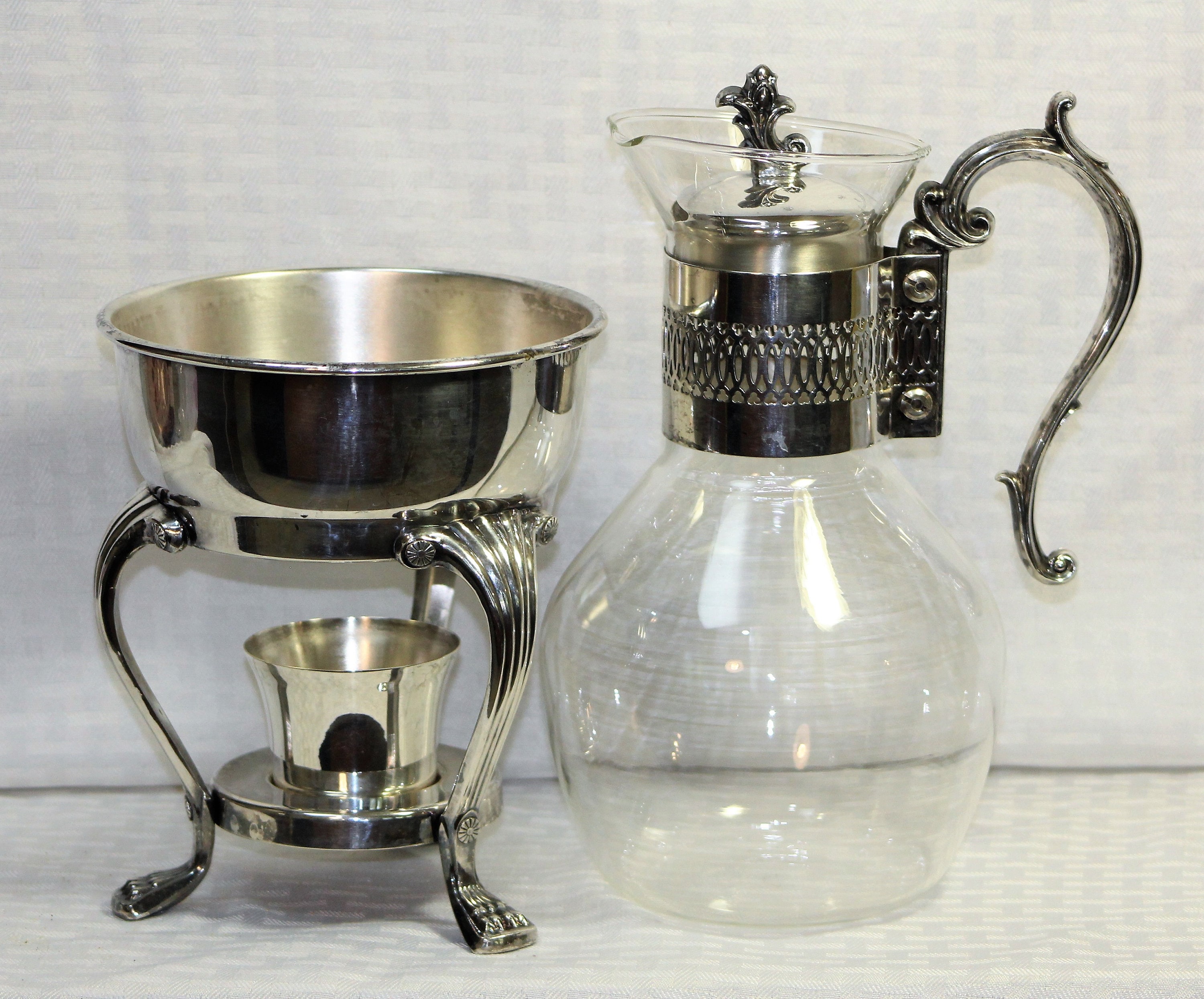 Vintage Art Deco Silver Plated and Glass Coffee Tea Carafe Pot with Warmer  Stand