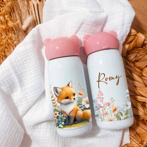 Personalized 360 degree water bottle + first name / 300 ml 350 ml or 400 ml / Fox Flowers Unicorn Penguin Fox Fawn Jungle Mermaid ...