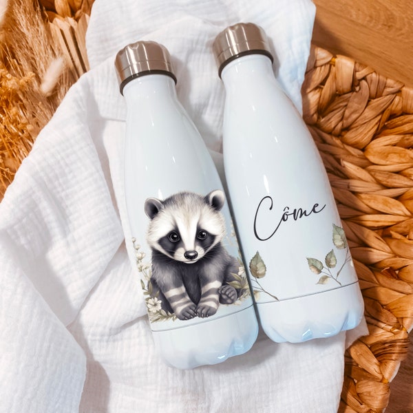 Personalized 360 degree water bottle + first name / 300 ml 350 ml or 400 ml / Raccoon Fox Unicorn Penguin Fox Fawn Jungle Dragons ...