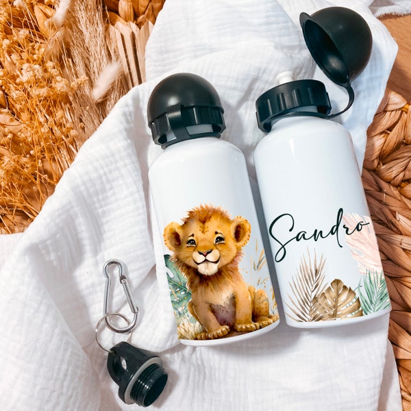 Personalized 360 degree water bottle + first name / 300 ml 350 ml or 400 ml / Cheetah Fox Unicorn Penguin Lion Fox Fawn Jungle Dinosaur ...