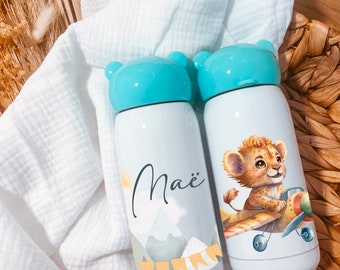 Personalisierte 360-Grad-Wasserflasche + Vorname / 300 ml 350 ml oder 400 ml / Löwe Flugzeug Fuchs Einhorn Pinguin Fuchs Rehkitz Dschungel Dinosaurier ...