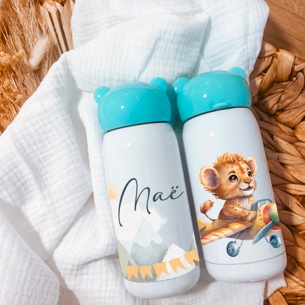 Personalized 360 degree water bottle + first name / 300 ml 350 ml or 400 ml / Lion Plane Fox Unicorn Penguin Fox Fawn Jungle Dinosaur ...